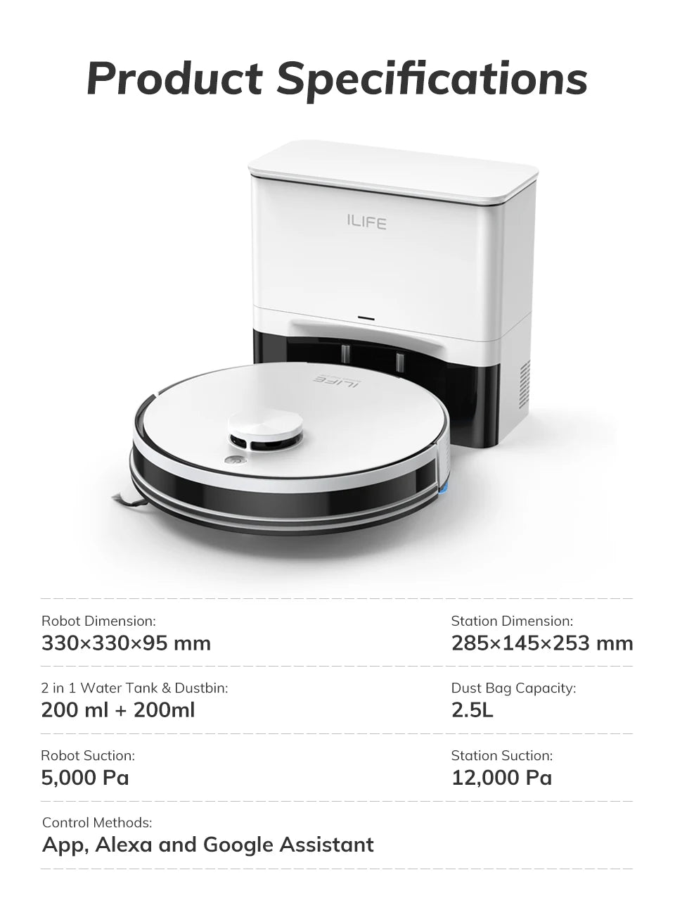 ILIFE A30 PRO 5000Pa Suction, Robot Vacuum and Mop Combo, Self emptying, 60 day capacity, App/remote , 180 minute running time