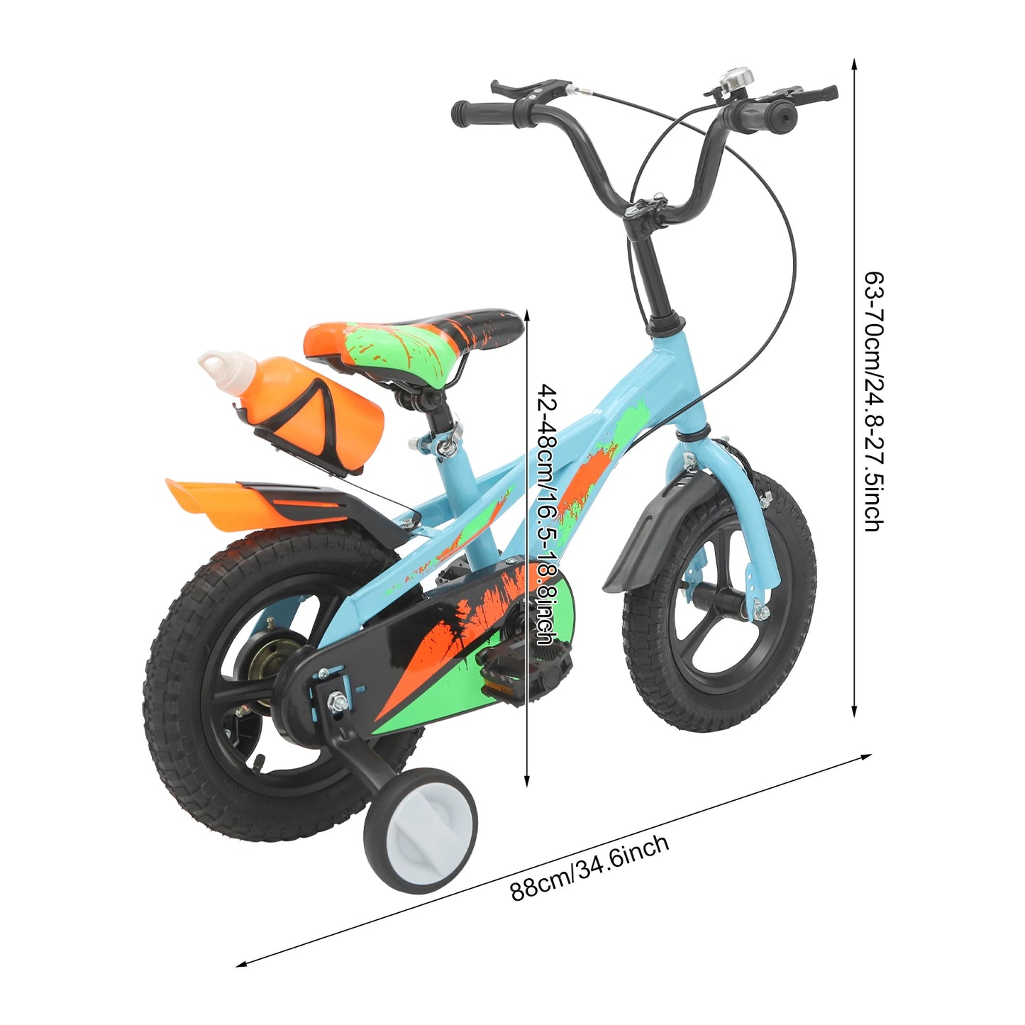 12 Inch Kids Bike Adjustable Beginner Children's Bicycle Load 50kg w/Training Wheels + Water Bottle for 2-5 Year Old, Blue/White