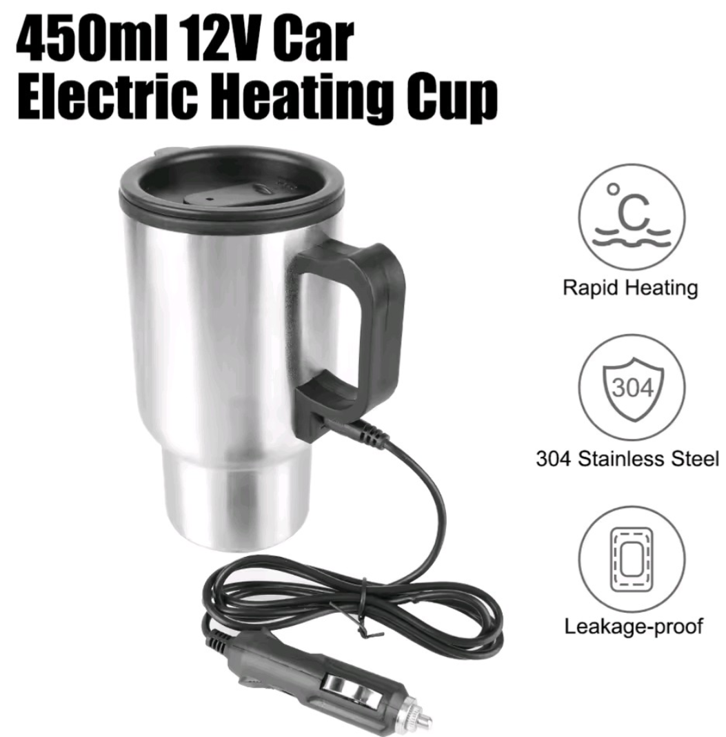 Camping Travel Kettle Electric Heating Car Kettle Stainless Steel Water Coffee Milk Thermal Mug Vehicle Heating Cup 12V 450ml