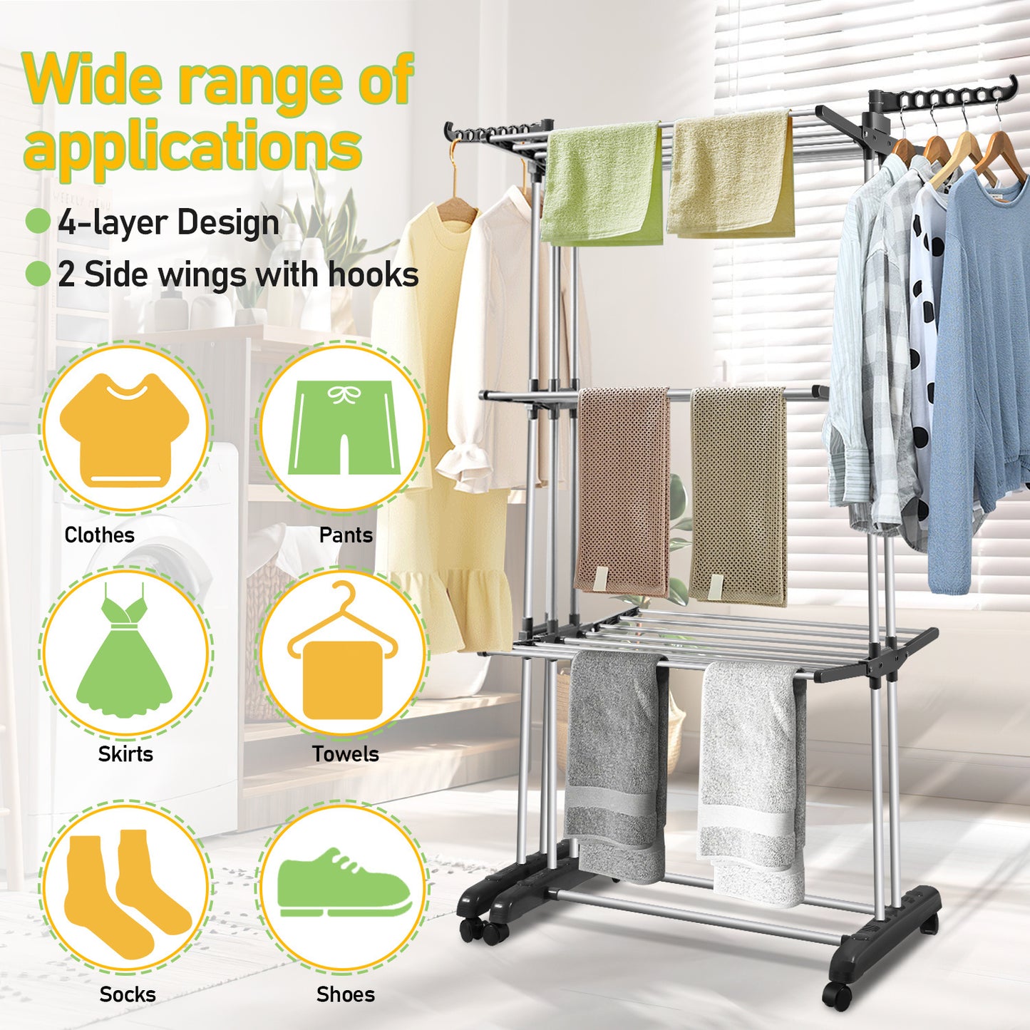 Stendibiancheria Torre Pieghevole 2 in 1 Estensibile 75-150 cm con 4 Livelli e Ruote