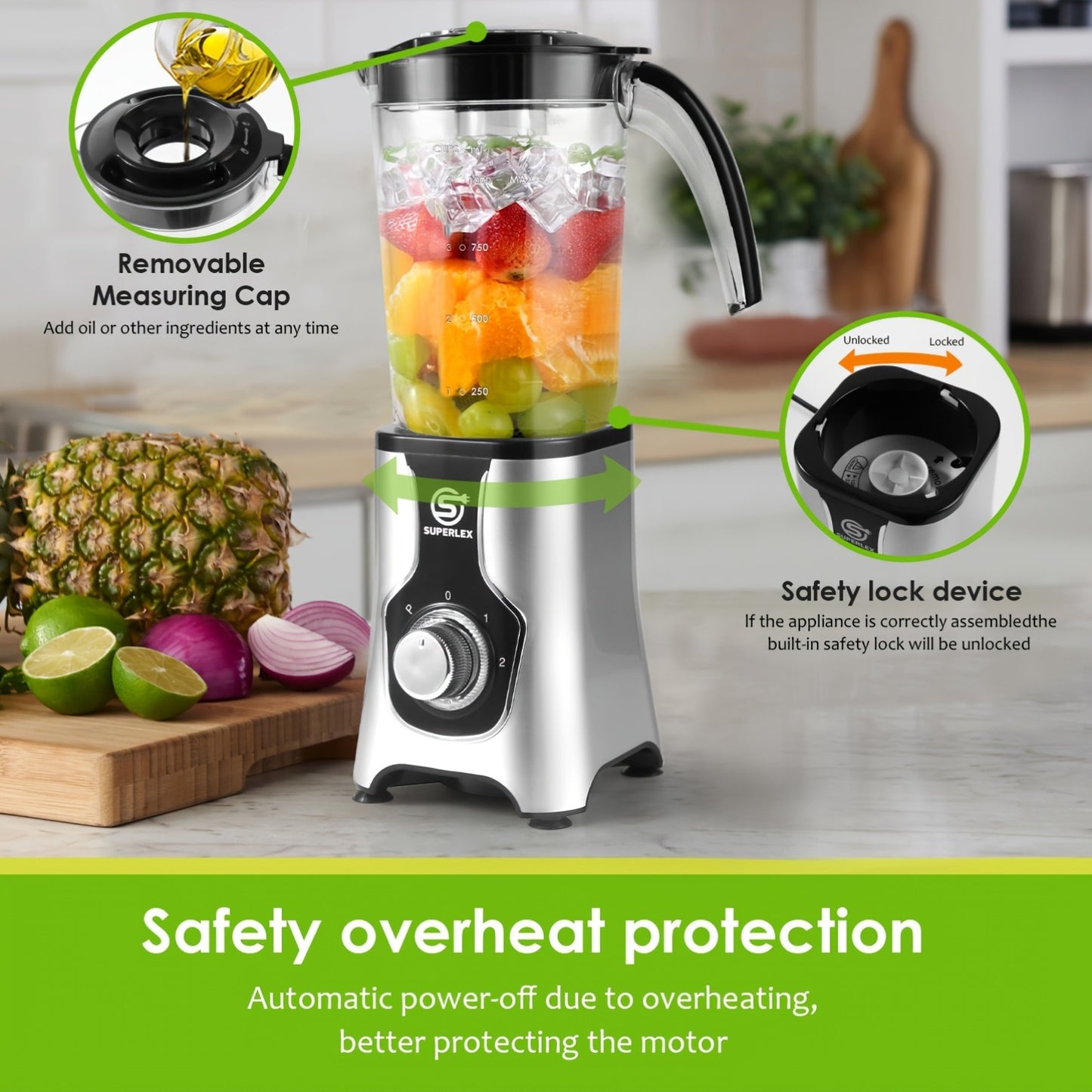 Frullatore SUPERLEX 1.25L 4-in-1 - Blender Elettrico Multifunzione per Smoothie, Frutta e Ghiaccio