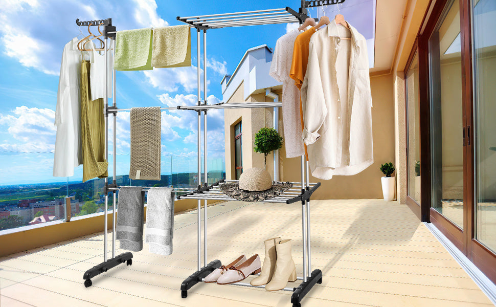 Stendibiancheria Torre Pieghevole 2 in 1 Estensibile 75-150 cm con 4 Livelli e Ruote