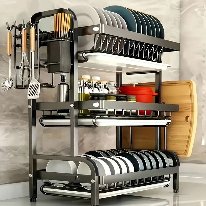 3-Tier Dish Drying Rack Dish Organizer Compact Kitchen Dish Rack Drainboard Set Dish Drainer with Utensil Holder