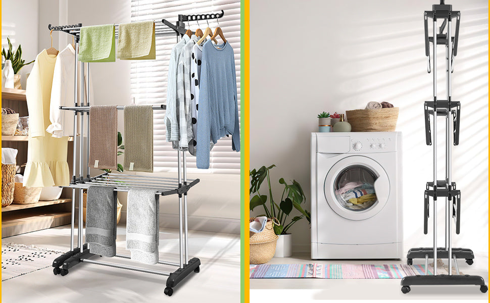 Stendibiancheria Torre Pieghevole 2 in 1 Estensibile 75-150 cm con 4 Livelli e Ruote
