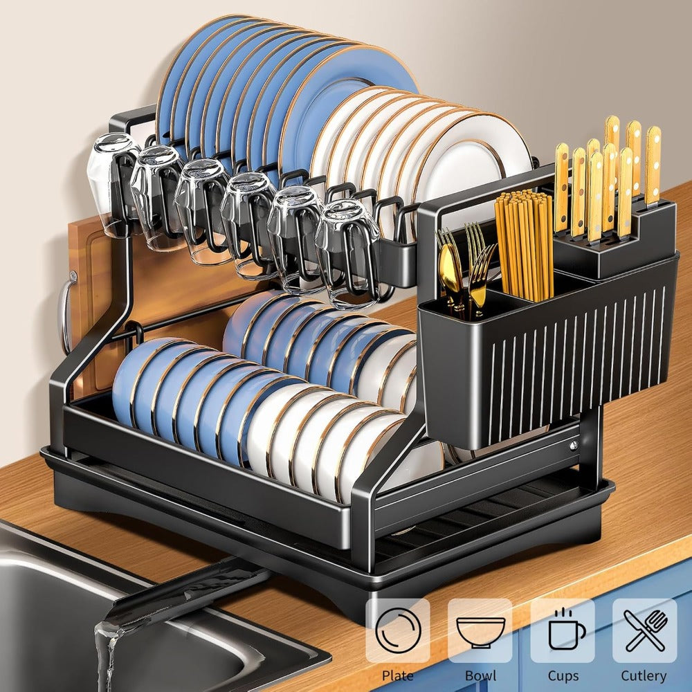 3-Tier 2-tier Kitchen Dish Rack Dish Drying Rack Drainboard Set Rust-Proof Dish Drainer with Utensil Holder Dinnerware Storage