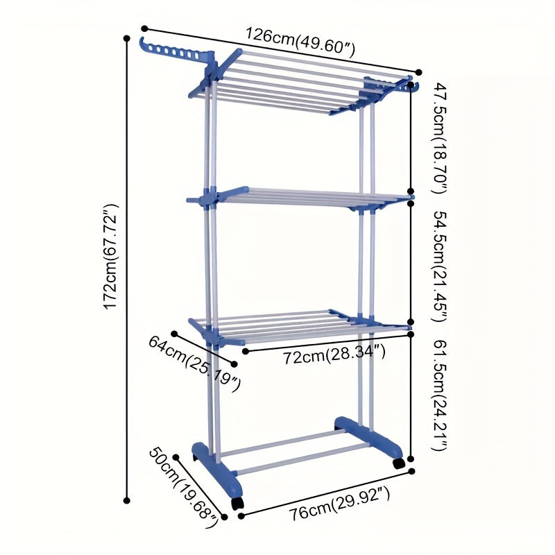 Stendibiancheria Pieghevole 3 Ripiani con Ruote - 172cm Metallo Resistente 24 Aste