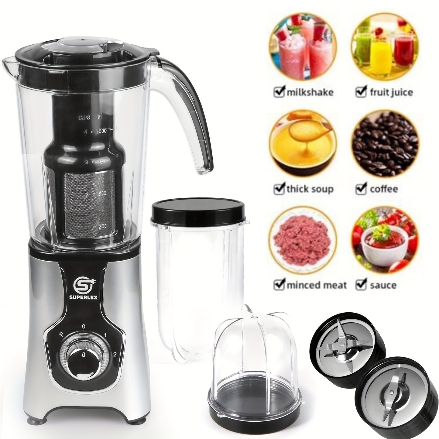 Frullatore SUPERLEX 1.25L 4-in-1 - Blender Elettrico Multifunzione per Smoothie, Frutta e Ghiaccio