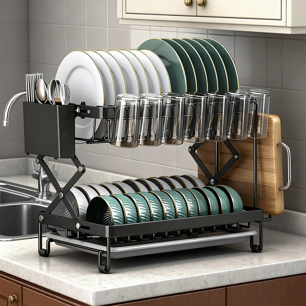 2 Layers Dish Drying Rack With Drainboard Household Dish Storage Holder Carbon Steel Sink Kitchen Organizer with Cutlery Holder