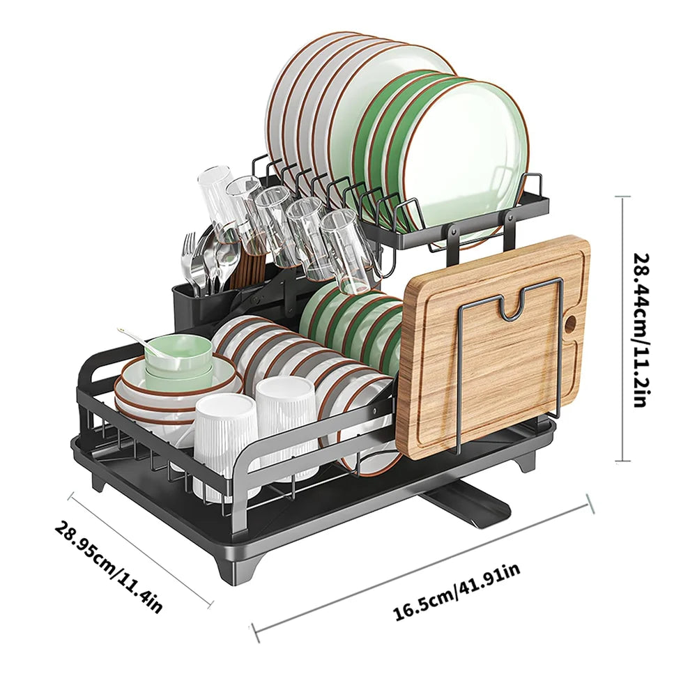 2 Layers Dish Drying Rack With Drainboard Household Dish Storage Holder Carbon Steel Sink Kitchen Organizer with Cutlery Holder