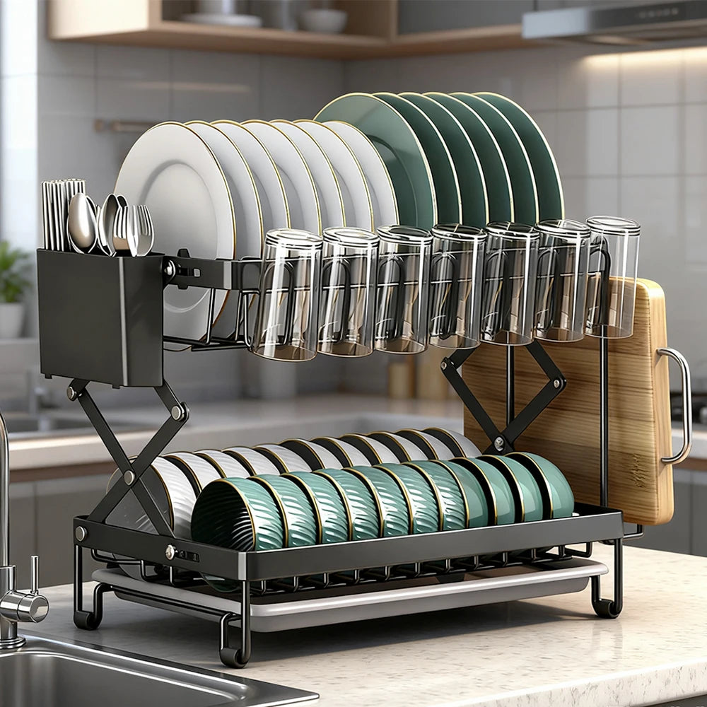2 Layers Dish Drying Rack With Drainboard Household Dish Storage Holder Carbon Steel Sink Kitchen Organizer with Cutlery Holder