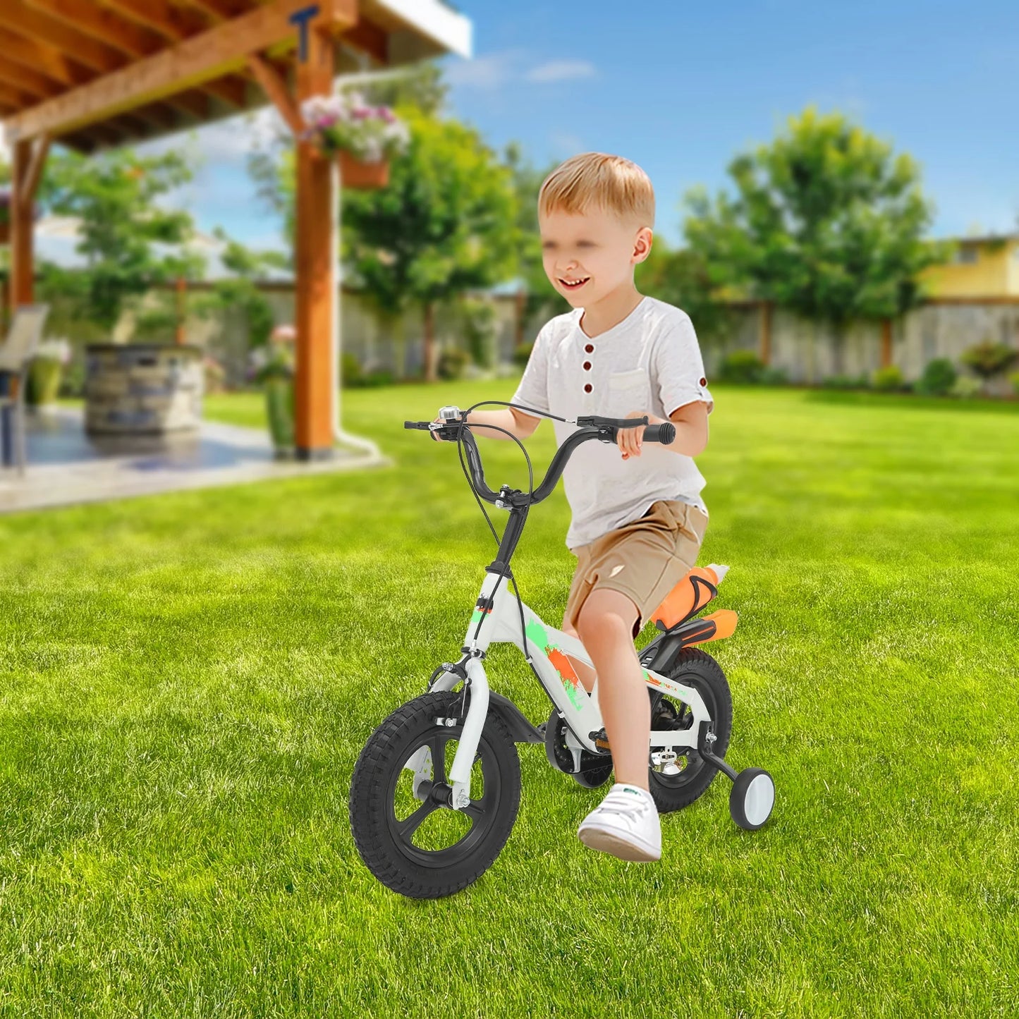 12 Inch Kids Bike Adjustable Beginner Children's Bicycle Load 50kg w/Training Wheels + Water Bottle for 2-5 Year Old, Blue/White