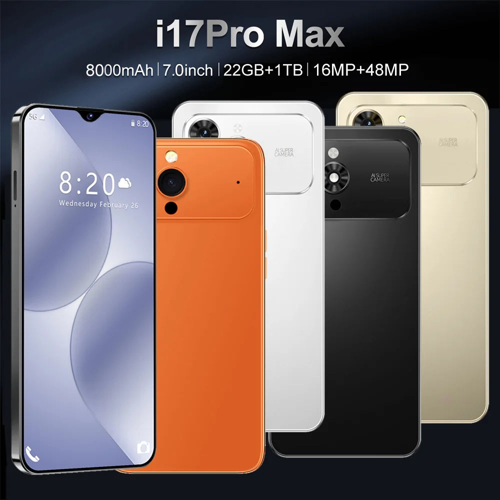 HOT Brand New For i17 Pro Max Smartphone 5G 7.0HD 22G 2TB Dual Card Dual Android 15 Cell Phone Unlocked Mobile Phones 8000mAh