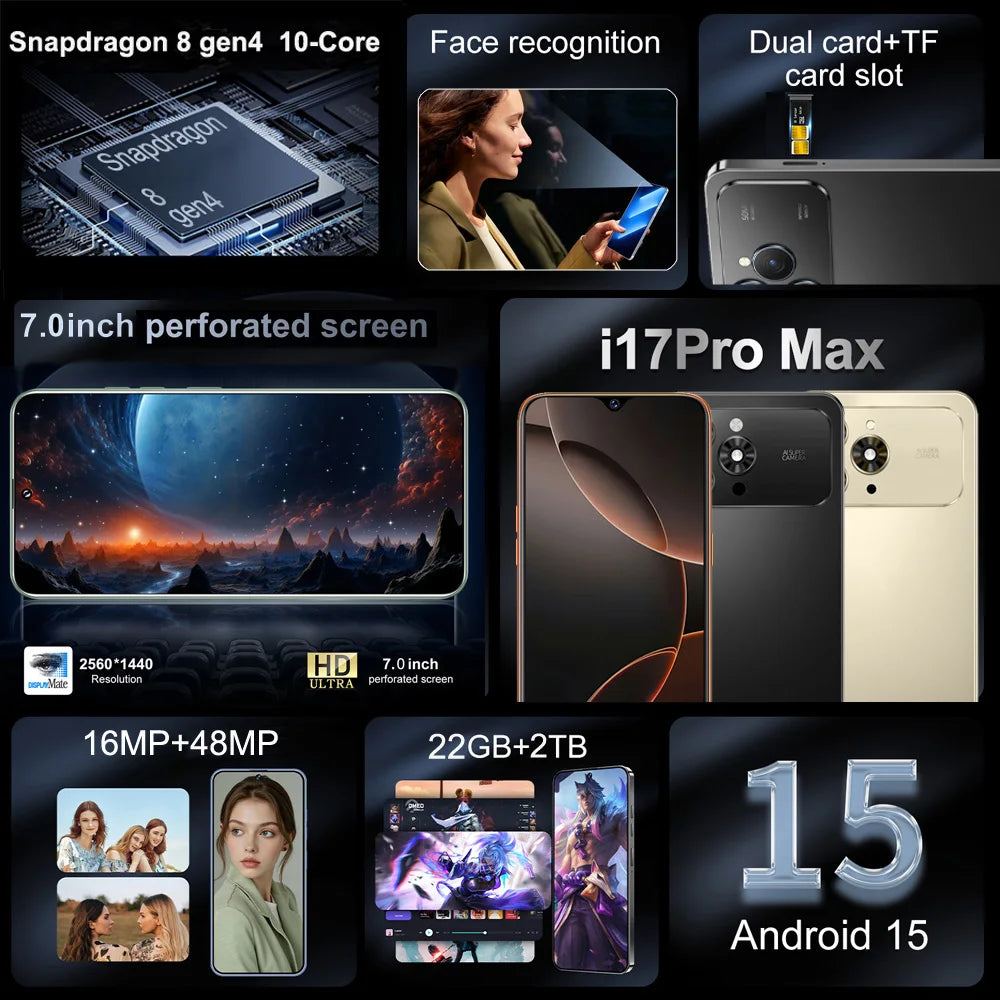 HOT Brand New For i17 Pro Max Smartphone 5G 7.0HD 22G 2TB Dual Card Dual Android 15 Cell Phone Unlocked Mobile Phones 8000mAh
