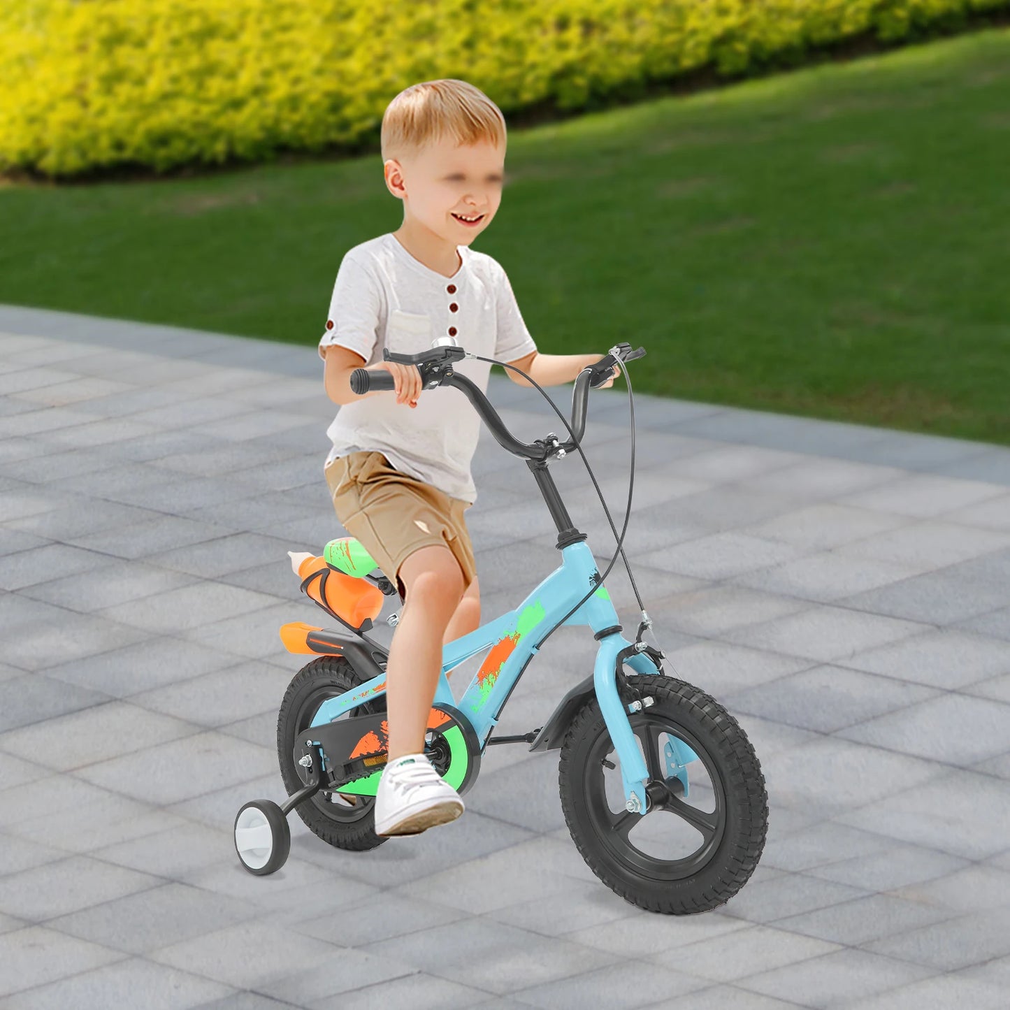 12 Inch Kids Bike Adjustable Beginner Children's Bicycle Load 50kg w/Training Wheels + Water Bottle for 2-5 Year Old, Blue/White