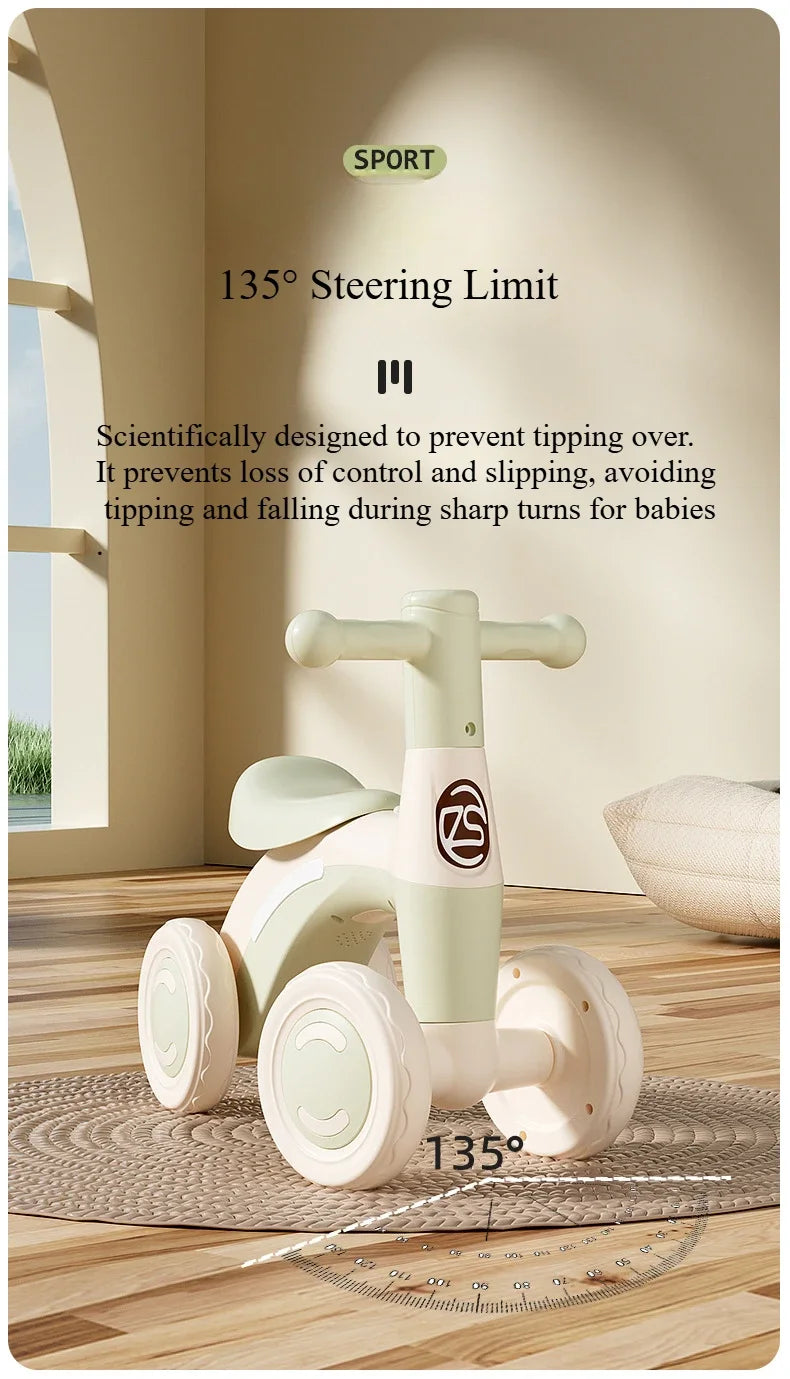 Anti-Tip Baby Balance Bike Ages 1-3 4-Wheel Silent Glider Walker Toy Toddler Training Ride-On with Safety Wheels Indoor Outdoor