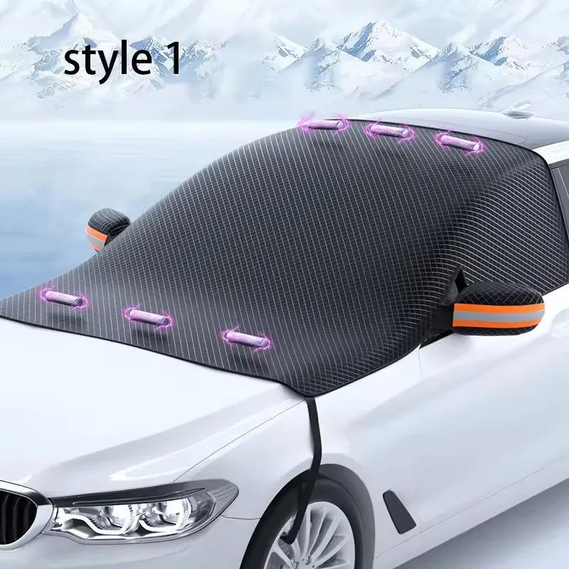 Car Half Cover Snow Shield 5 Magnetic Strips Thickened Waterproof UV Protection Sun Shade with Reflective Strips & Straps Auto E