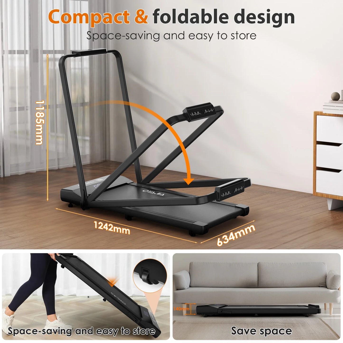 Treadmill with Remote, App & Button Control | LED Display | Safety Clip | Bluetooth Music | Quiet for Home/Office