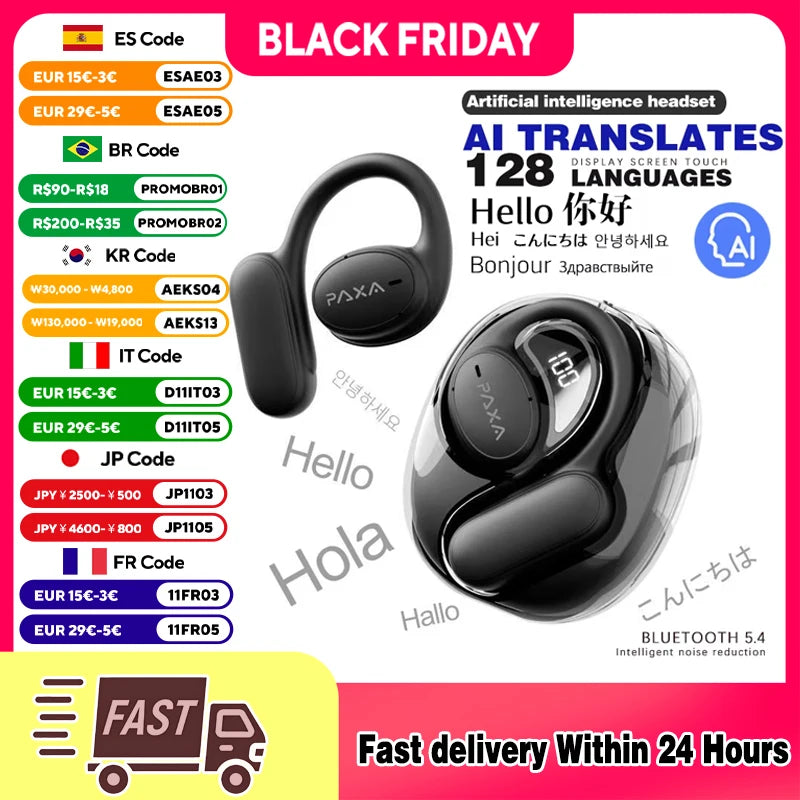 PAXA Openair5 AI Inteligente Inalámbrico Bluetooth 5.4 Headphones Alto Sonido Music Gaming Earphones HD Call AI Translation