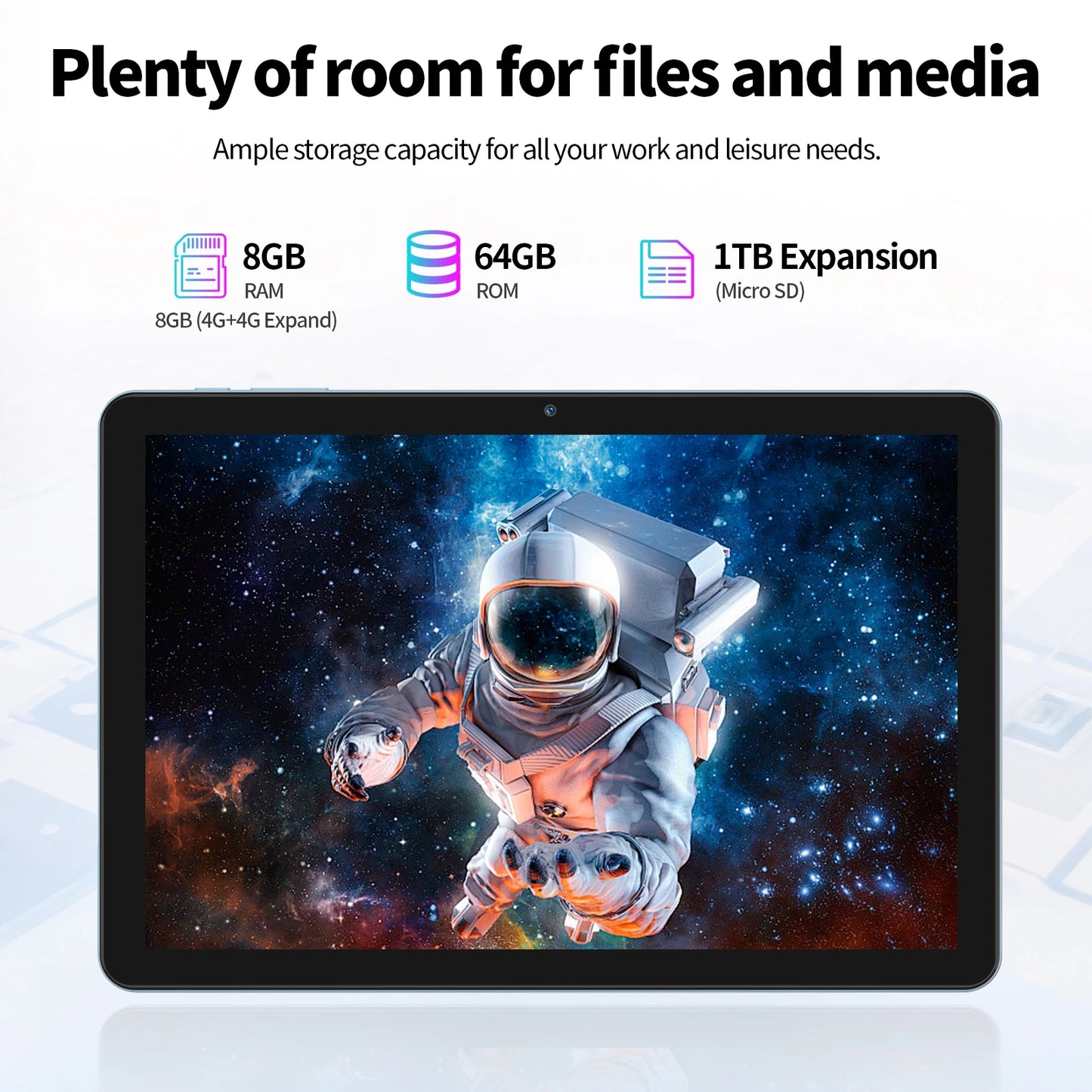 10.1" Android Tablet with Octa-core Processor 8GB(4+4GB Virtual) RAM 64GB ROM HD IPS Touchscreen, Wi-Fi 6, BT 5.0, Dual Camera