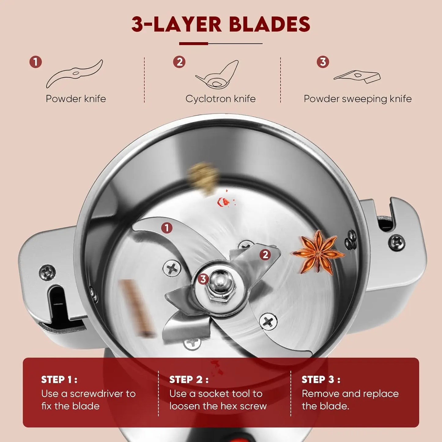 150g Mulino per farina elettrico 220V Grana di erbe Spezie Smerigliatrice per cereali, 28000r/min Smerigliatrice portatile Rettificatrice a 3 lame