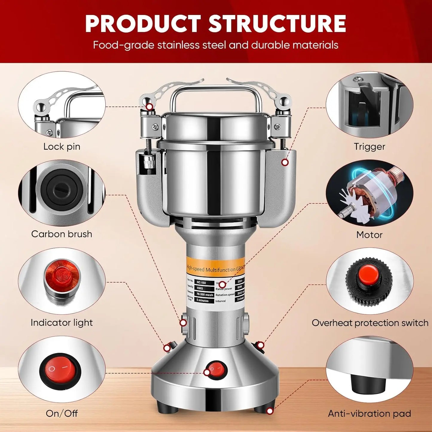 150g Mulino per farina elettrico 220V Grana di erbe Spezie Smerigliatrice per cereali, 28000r/min Smerigliatrice portatile Rettificatrice a 3 lame