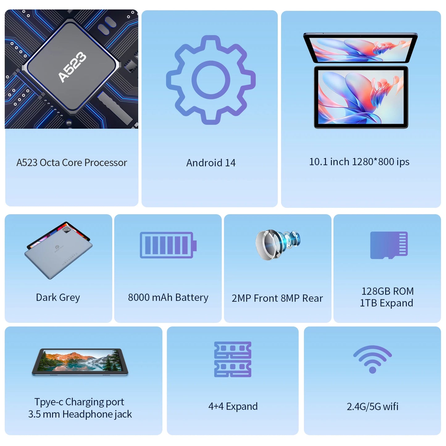 PRITOM 10.1 Inch 2-in-1 Android 15 Tablet with Keyboard, 8GB RAM (4+4), 128GB Storage, 1TB Expandable, 8000mAh Battery