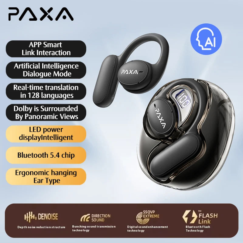 PAXA Openair5 AI Inteligente Inalámbrico Bluetooth 5.4 Headphones Alto Sonido Music Gaming Earphones HD Call AI Translation