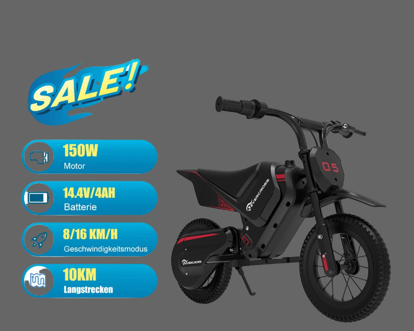 EVERCROSS TECH EV05M Electric Motorbike for children, 150W, speeds 8/16 km/h, battery life up to 10 km, Motorbike Cross 12 inches for