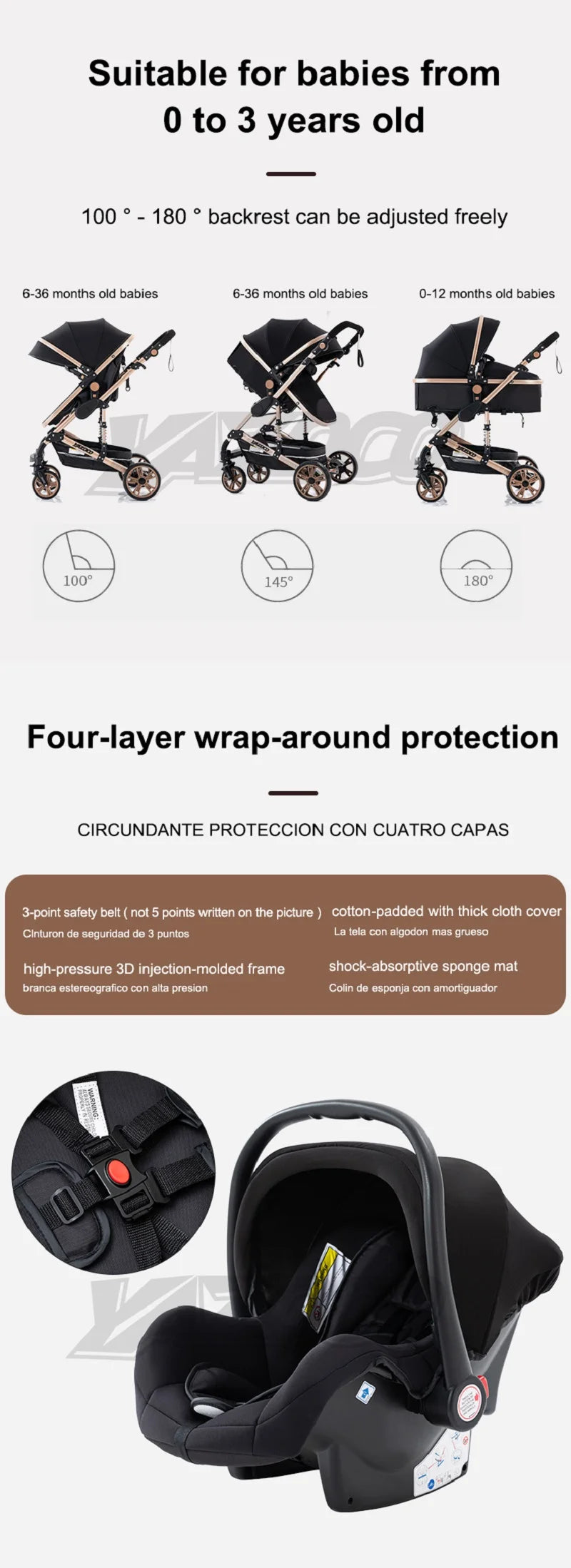 Passeggino 3 in 1 Multifunzionale YAZOCO - Pieghevole, Leggero, Standard EU