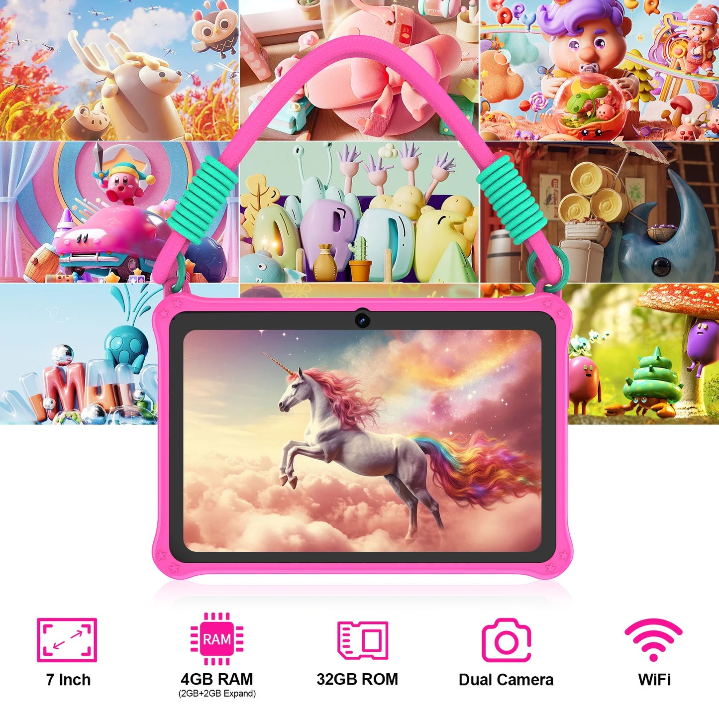 PRITOM Kids Tablet 7 Inch Android 13 4GB (2+2 VIRTUAL) RAM 32GB ROM WiFi Bluetooth Children Software Installed with Lanyard