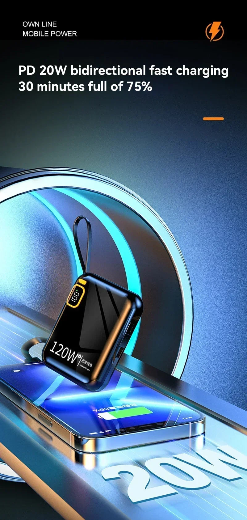 100000mAh 120W Portable Power Bank High Capacity Cable TwoWay Fast Charging Mini Power Bank for iPhone Samsung Xiaomi Huawei New