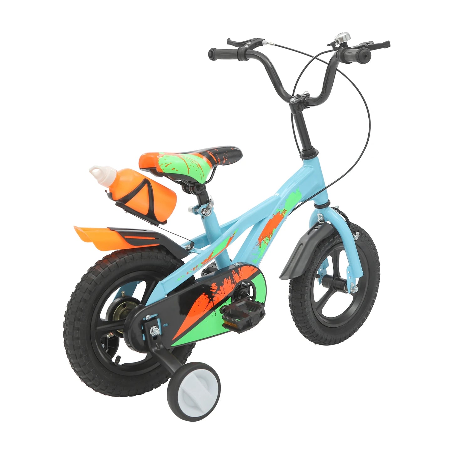 12 Inch Kids Bike Adjustable Beginner Children's Bicycle Load 50kg w/Training Wheels + Water Bottle for 2-5 Year Old, Blue/White