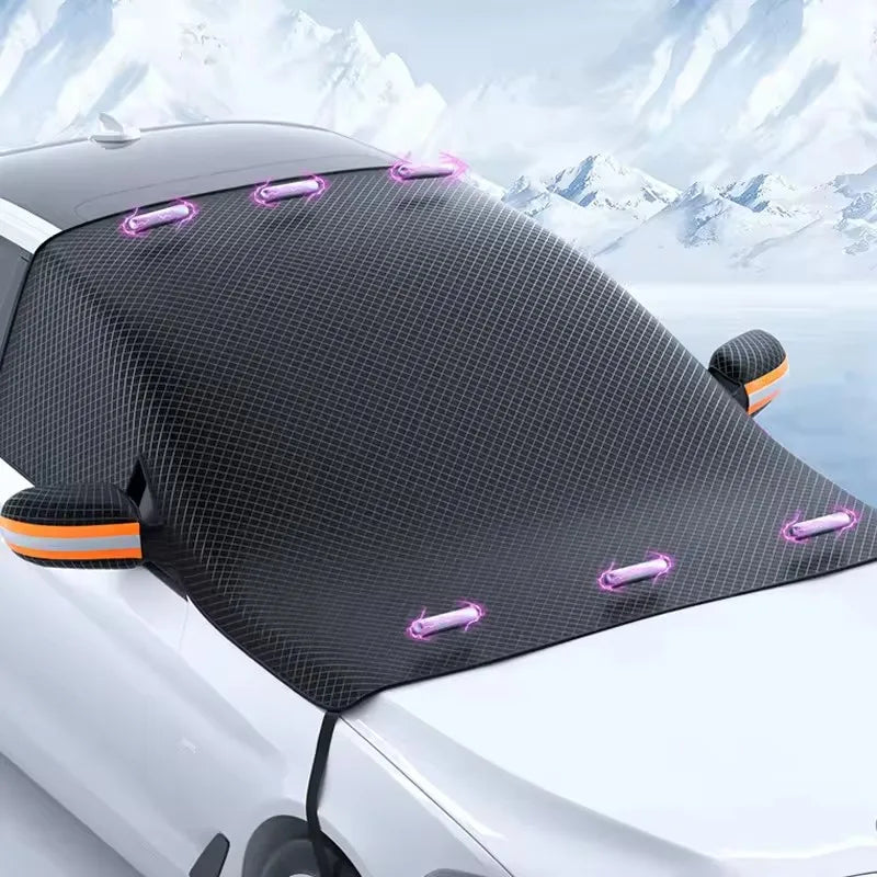 Car Half Cover Snow Shield 5 Magnetic Strips Thickened Waterproof UV Protection Sun Shade with Reflective Strips & Straps Auto E