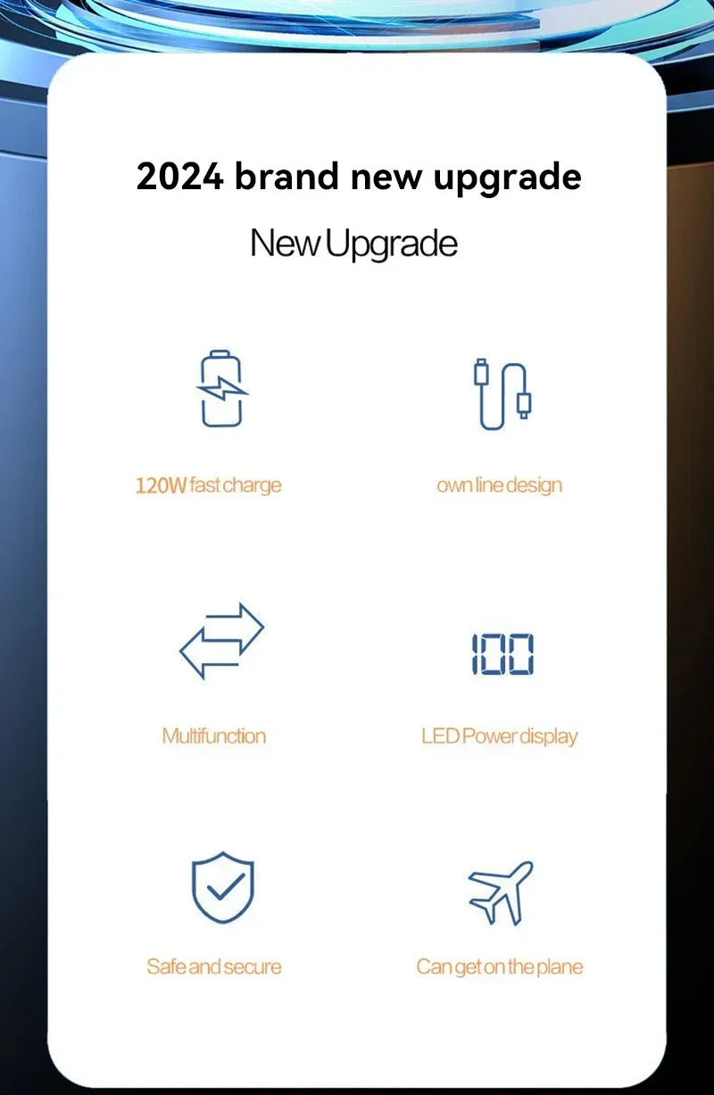 100000mAh 120W Portable Power Bank High Capacity Cable TwoWay Fast Charging Mini Power Bank for iPhone Samsung Xiaomi Huawei New