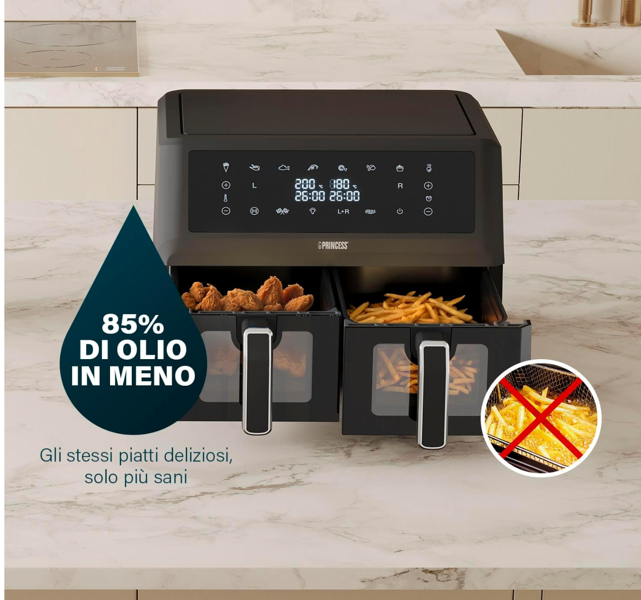 Princess XXL Friggitrice senza olio con doppio cestello - 11 L - Senza BPA e PFAS - 182276