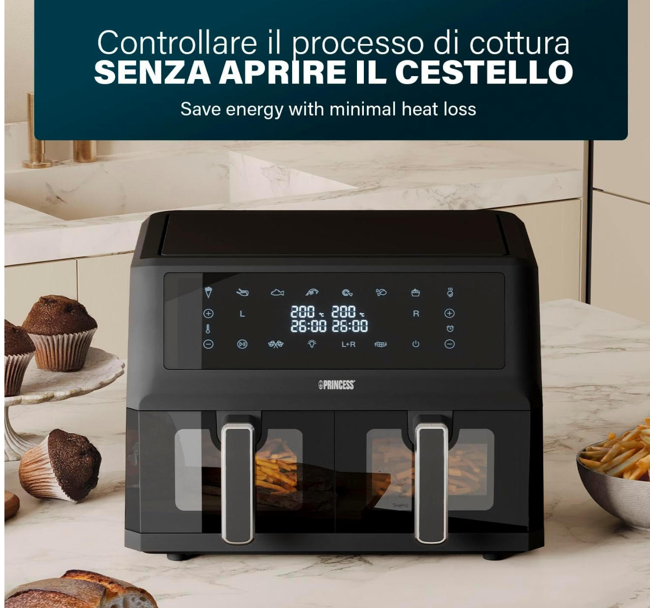 Princess XXL Friggitrice senza olio con doppio cestello - 11 L - Senza BPA e PFAS - 182276