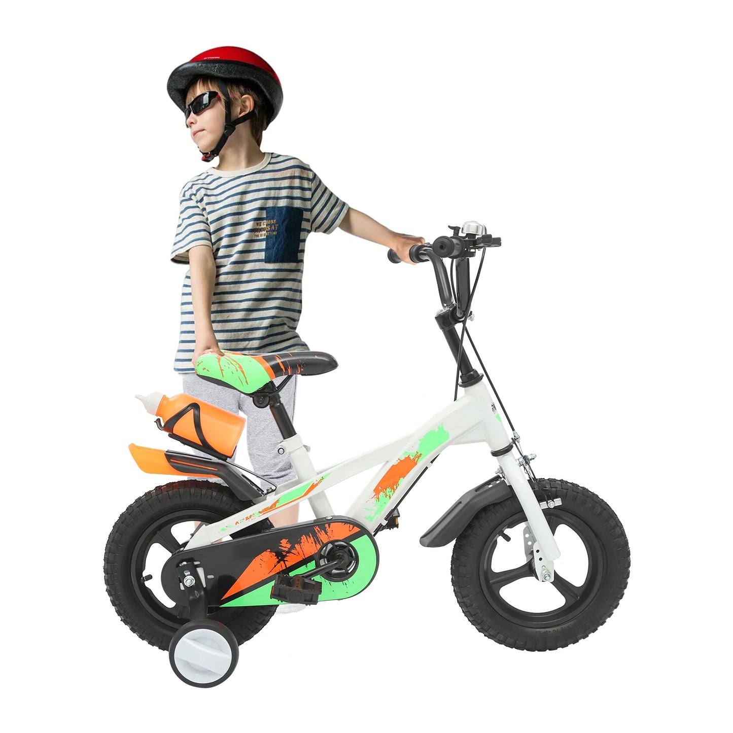 12 Inch Kids Bike Adjustable Beginner Children's Bicycle Load 50kg w/Training Wheels + Water Bottle for 2-5 Year Old, Blue/White