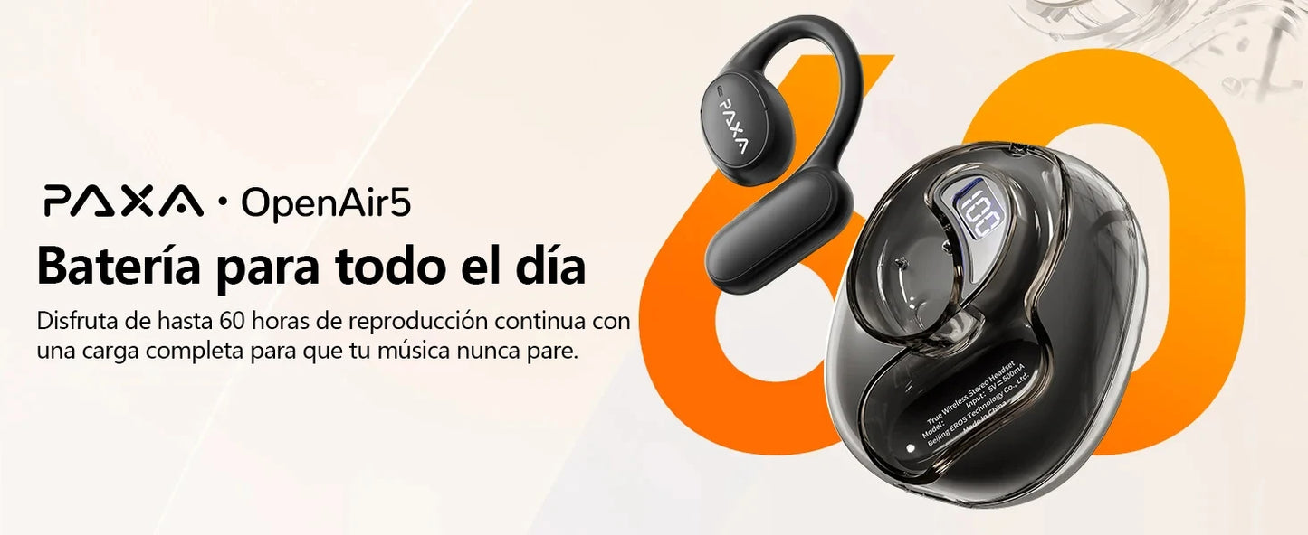 PAXA Openair5 AI Inteligente Inalámbrico Bluetooth 5.4 Headphones Alto Sonido Music Gaming Earphones HD Call AI Translation