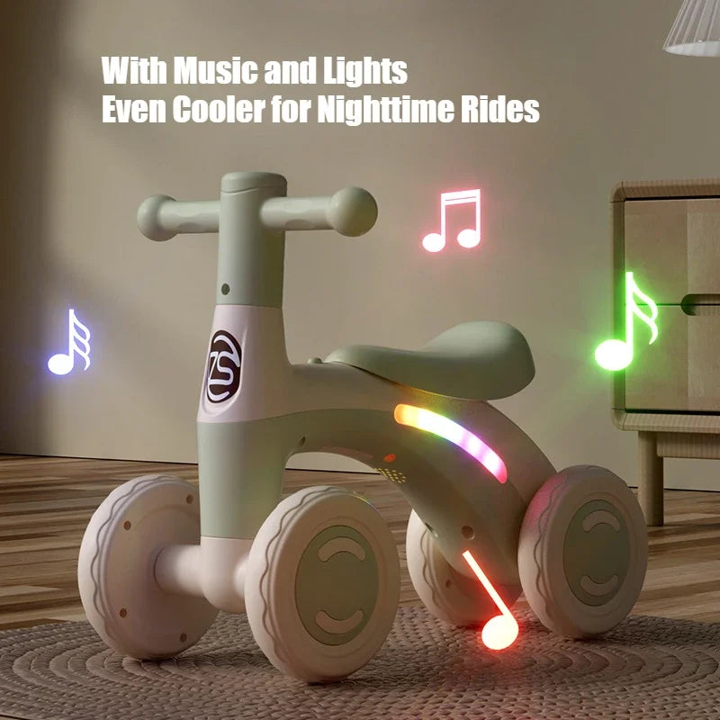 Anti-Tip Baby Balance Bike Ages 1-3 4-Wheel Silent Glider Walker Toy Toddler Training Ride-On with Safety Wheels Indoor Outdoor