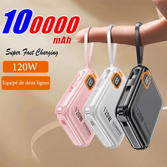 100000mAh 120W Portable Power Bank High Capacity Cable TwoWay Fast Charging Mini Power Bank for iPhone Samsung Xiaomi Huawei New
