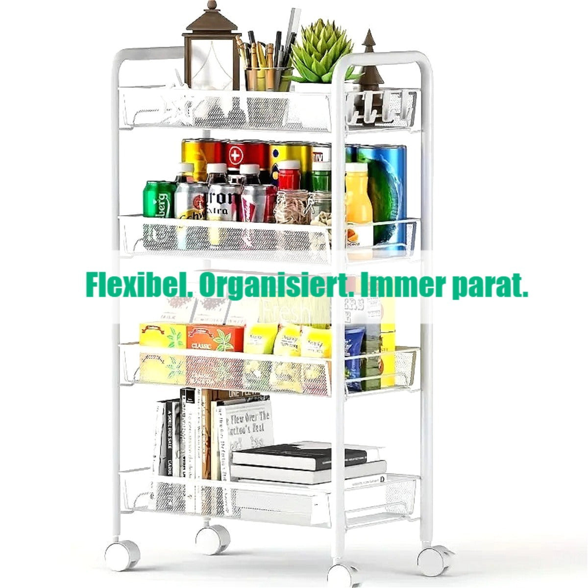 Carrello 4 Ripiani con Ruote Girevoli 360° - Capacità 40kg - Ripiani Regolabili per Cucina Bagno Ufficio