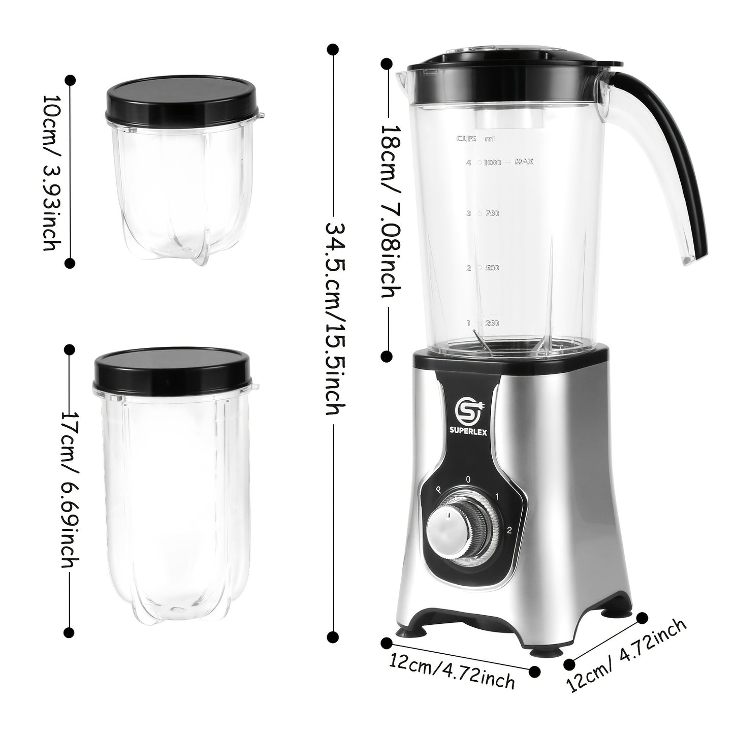 Frullatore SUPERLEX 1.25L 4-in-1 - Blender Elettrico Multifunzione per Smoothie, Frutta e Ghiaccio