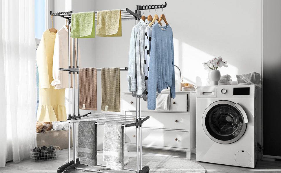 Stendibiancheria Torre Pieghevole 2 in 1 Estensibile 75-150 cm con 4 Livelli e Ruote