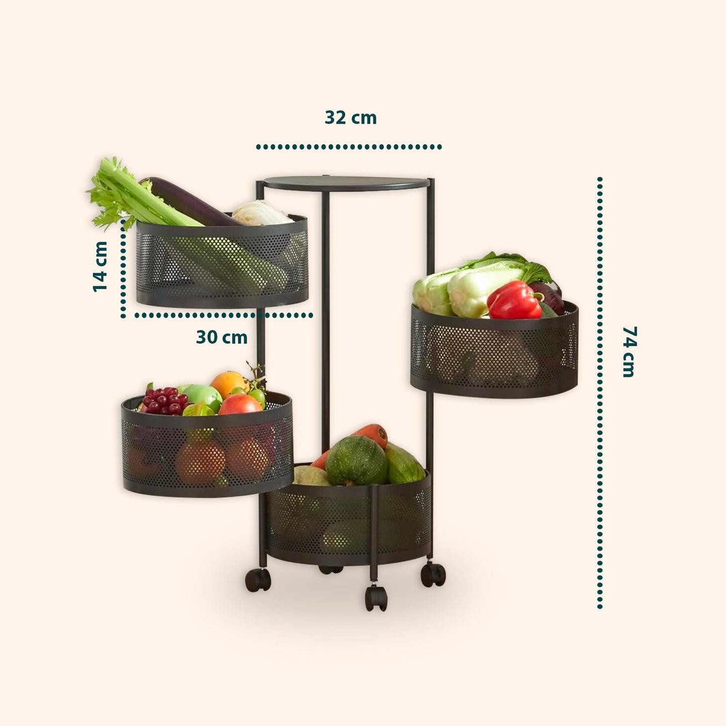 Carrello Pieghevole Multifunzione AVILIA con Ruote - 5 Cestelli Salvaspazio in Metallo, Nero
