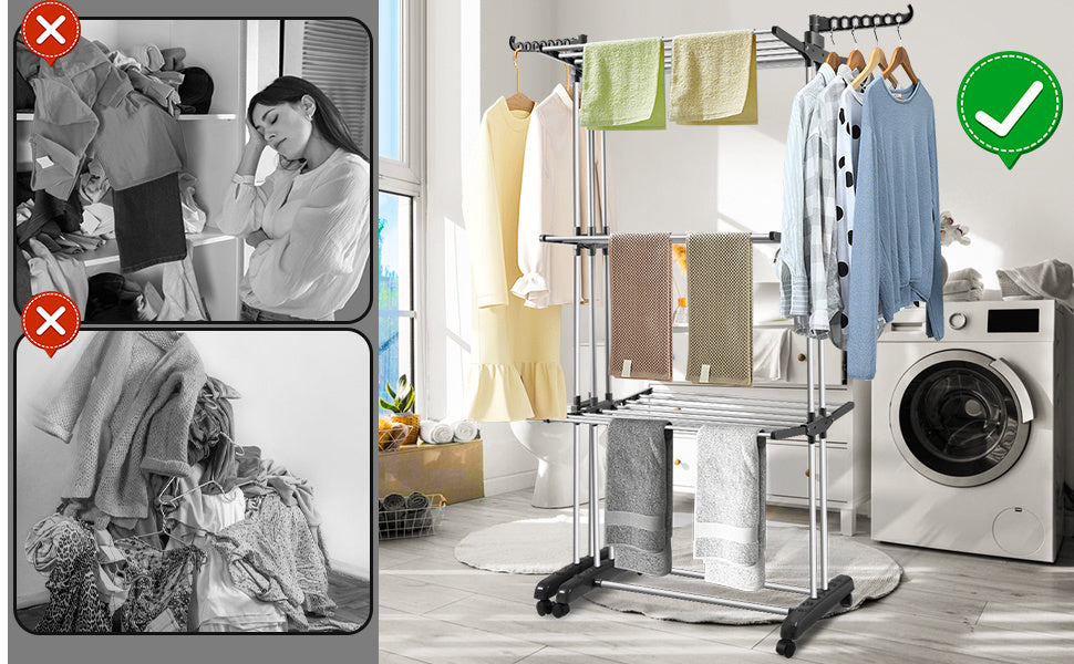 Stendibiancheria Torre Pieghevole 2 in 1 Estensibile 75-150 cm con 4 Livelli e Ruote