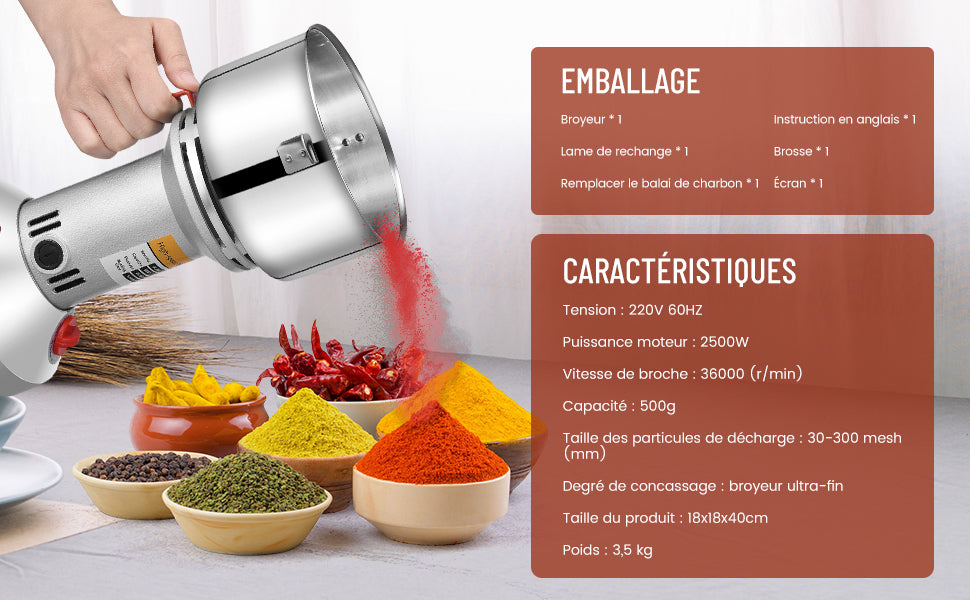 150g Mulino per farina elettrico 220V Grana di erbe Spezie Smerigliatrice per cereali, 28000r/min Smerigliatrice portatile Rettificatrice a 3 lame