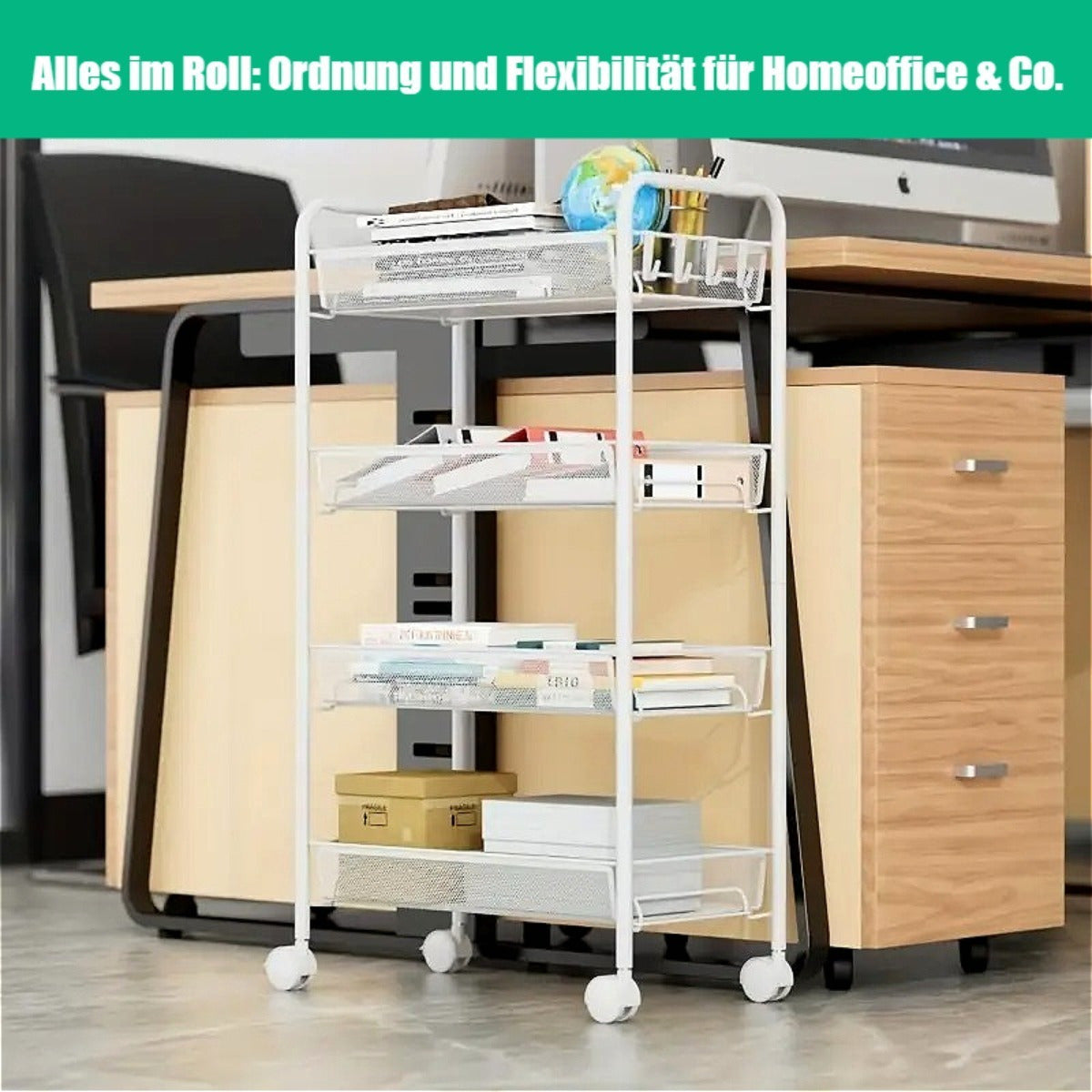 Carrello 4 Ripiani con Ruote Girevoli 360° - Capacità 40kg - Ripiani Regolabili per Cucina Bagno Ufficio