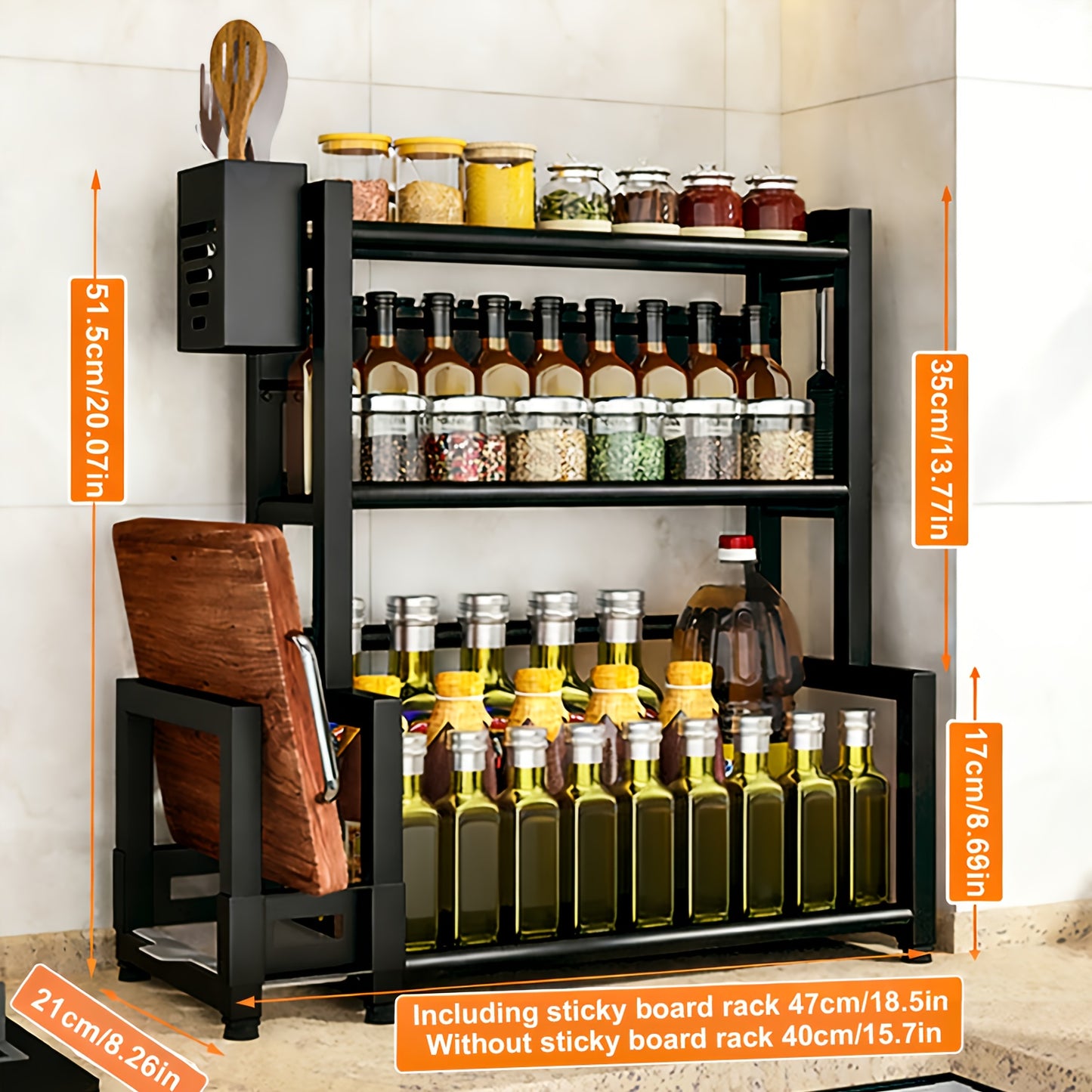 Portaspezie da Cucina 3 Ripiani in Metallo Nero - Organizer da Banco con Porta Utensili