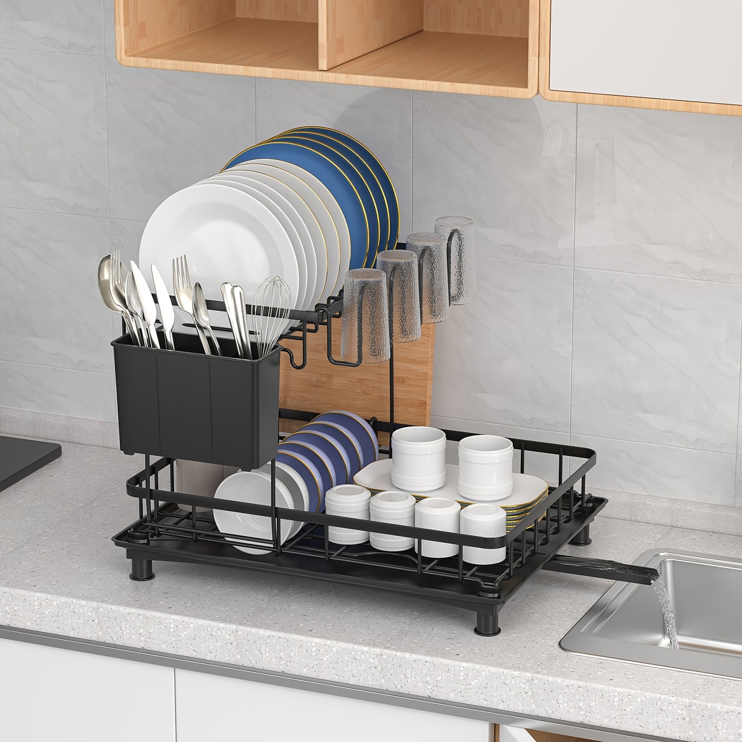Scolapiatti 2 Ripiani con Vaschetta Raccogligocce - Porta Posate e Bicchieri Salvaspazio