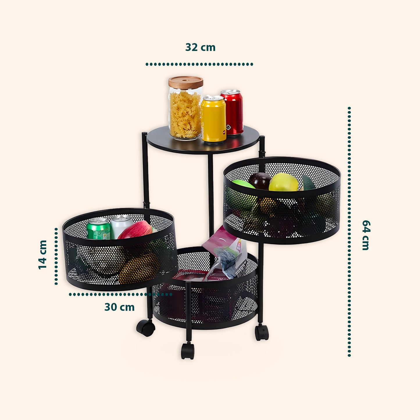 Carrello Pieghevole Multifunzione AVILIA con Ruote - 5 Cestelli Salvaspazio in Metallo, Nero